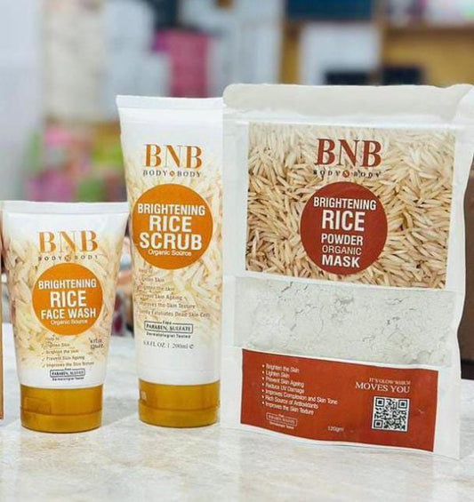 BNB Rice Extract Bright & Glow Kit ( Rice Face Wash + Rice Scrub + Rice
Mask) - Easy2Buy.pk