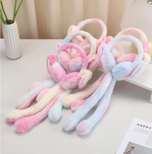 Cute Pink Bunny Ear Moving Earmuffs for Girls & Kids | Soft Plush Winter Jumping Floppy Ears