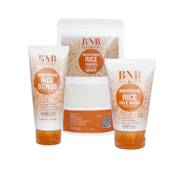 BNB Rice Extract Bright & Glow Kit ( Rice Face Wash + Rice Scrub + Rice
Mask) - Easy2Buy.pk