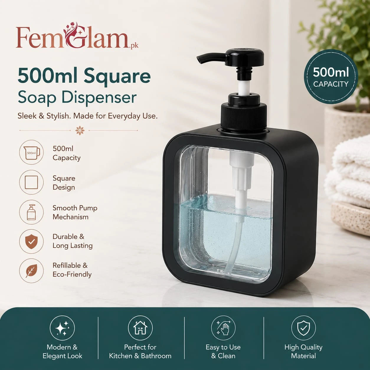 Square Liquid Soap Dispenser – Modern Refillable Pump Bottle (Random Color)