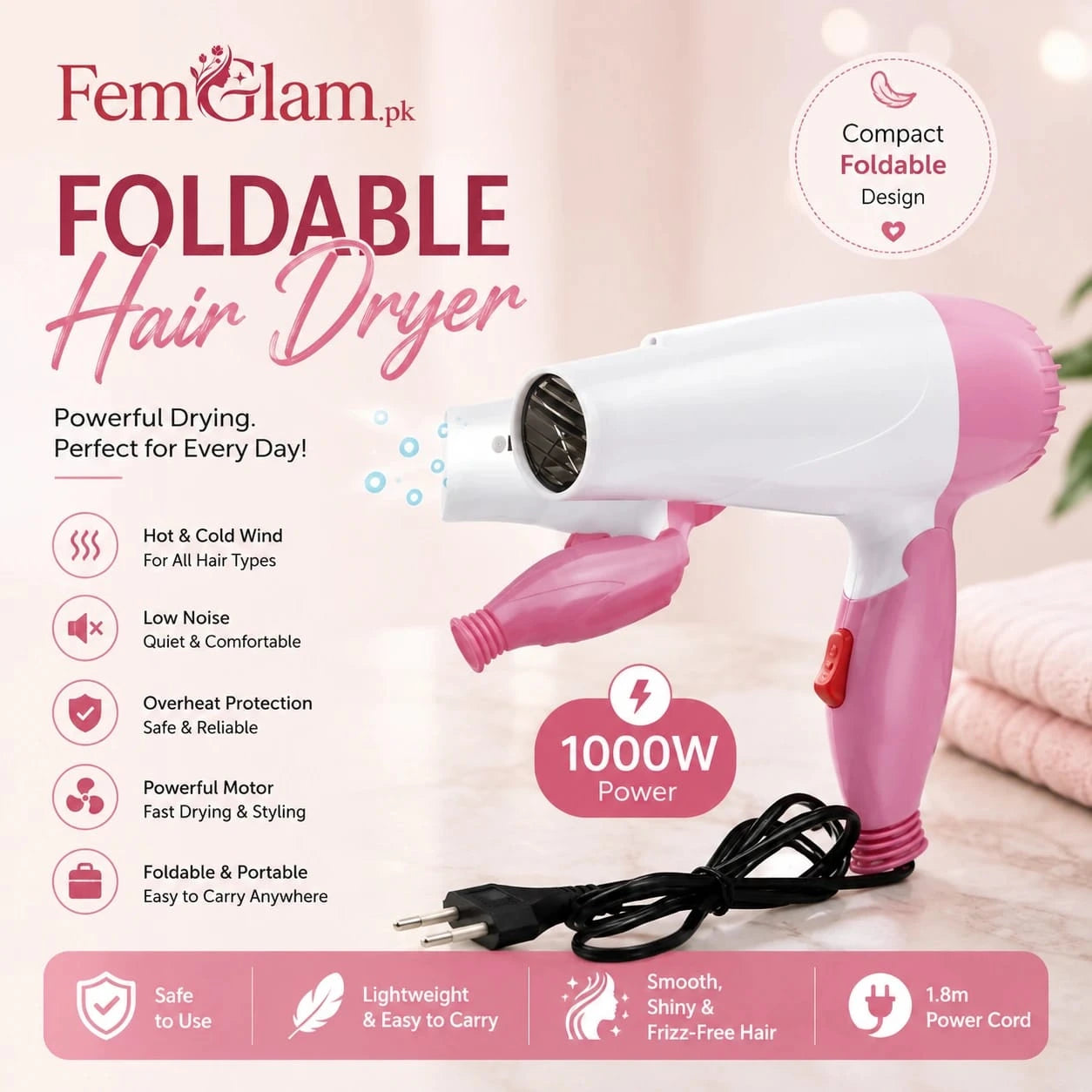 Foldable Hair Dryer |  Portable Travel Hair Dryer