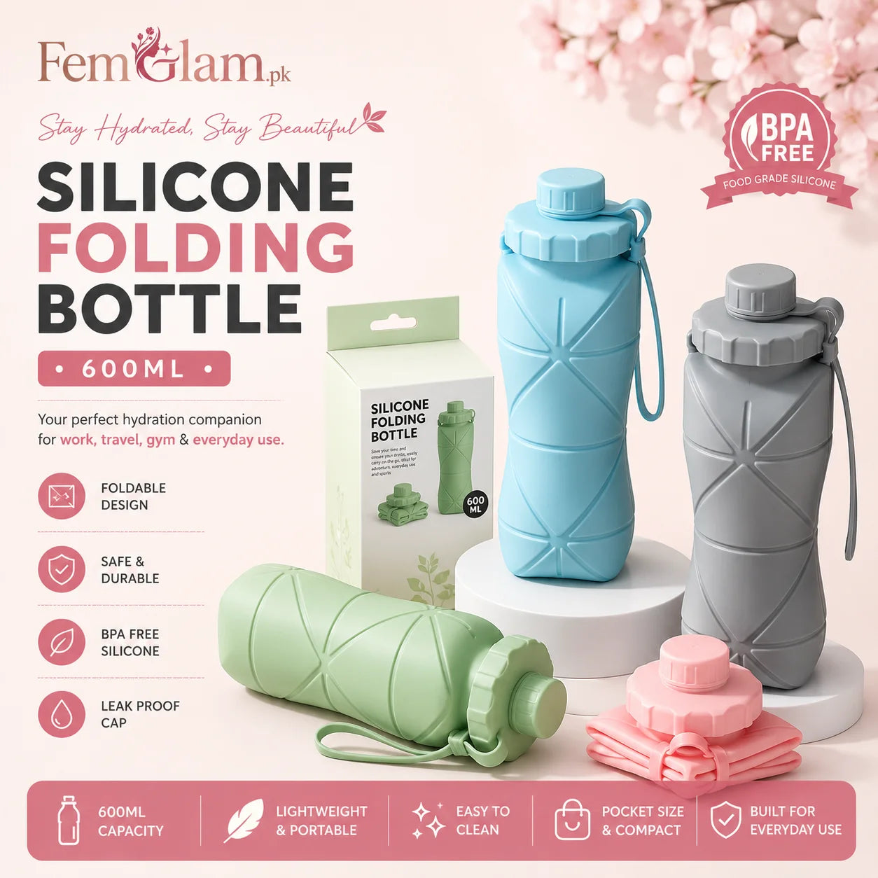 Silicon Foldable Bottle 600ml | Portable Water Bottle | Random Color