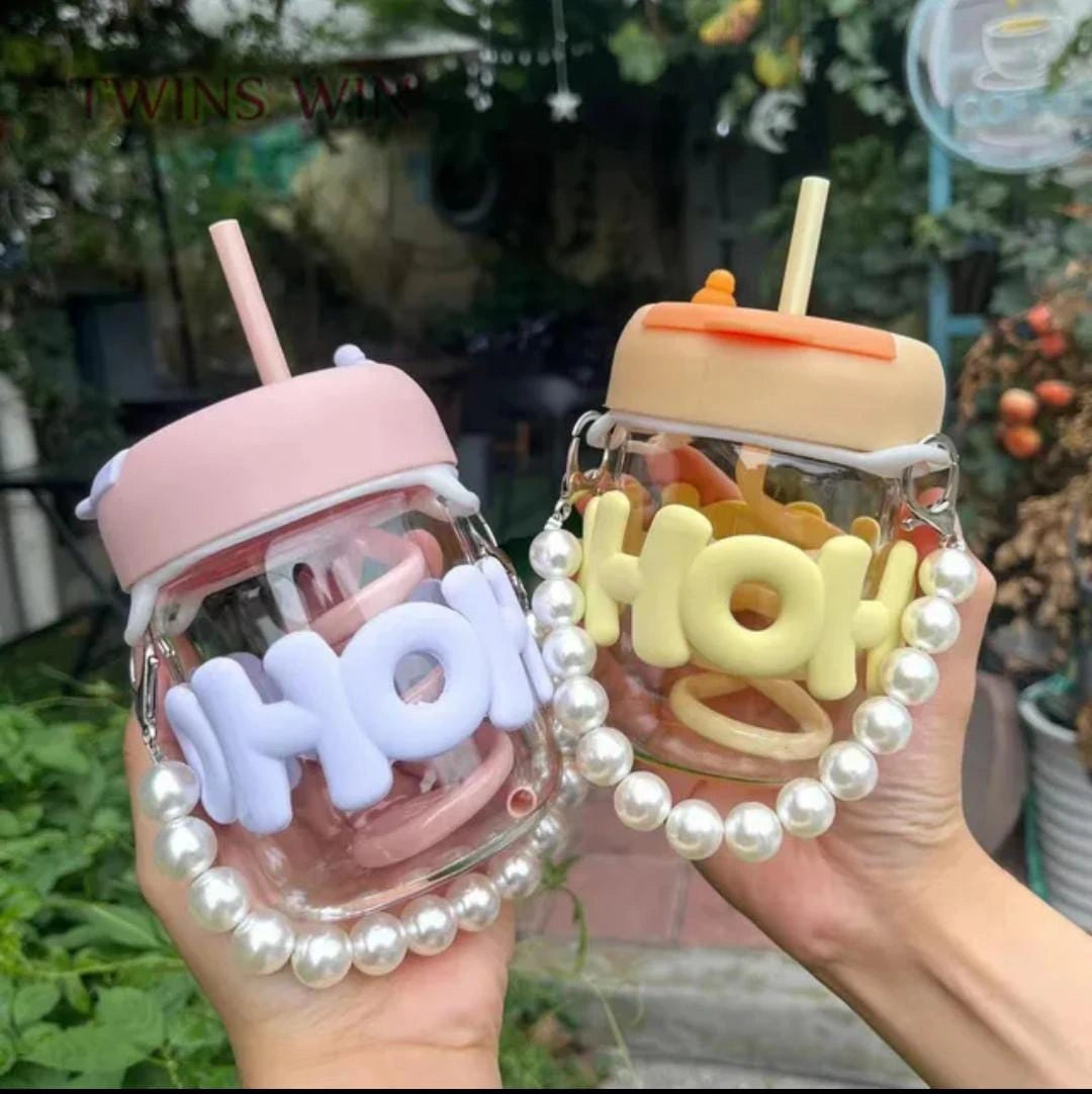 Pearl Glass Mug with Straw – Portable Sipper