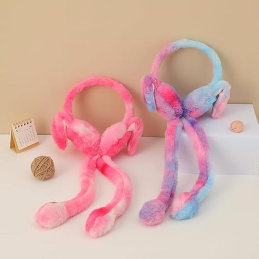 Cute Pink Bunny Ear Moving Earmuffs for Girls & Kids | Soft Plush Winter Jumping Floppy Ears