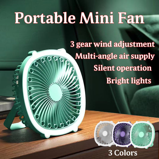 Rechargeable Mini Table Fan with LED Light – Stepless Adjustable Desk Fan